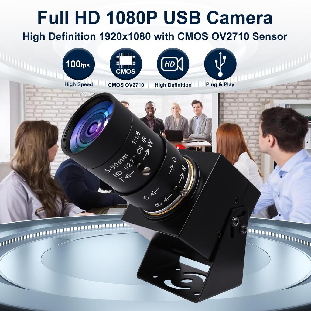 SVPRO 1080P USB Camera with Manual Zoom Full HD Web Compatible with Machine Industrial and Video Conferencing 5-50mm Lens, 100fps/60fps/30fps Images,