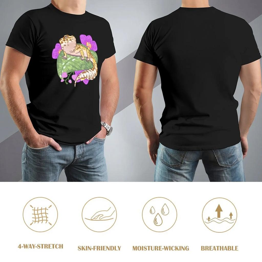 Leopard Gecko With Orchids T-Shirt Vintage Customs Design Your Own Blacks Blue Archive Black T Shirts For Men