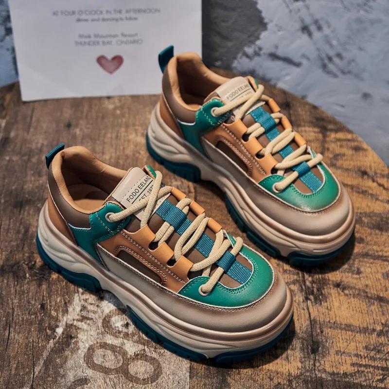 Genuine Leather 5cm Height Increasing Comfortable Flat Fashion Sneakers for Women Spring Autumn Daily Casual Walking Footwear
