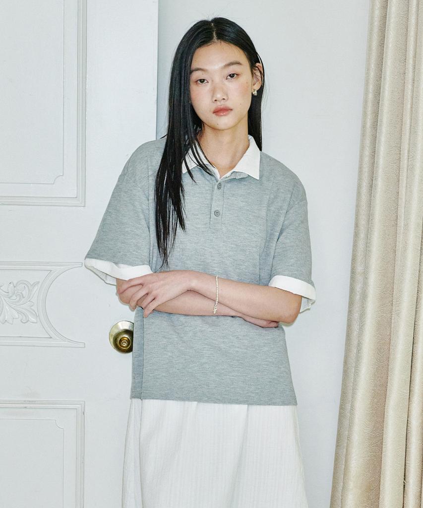 GLW [Unisex] Button Henley Neck Short Sleeve T-Shirt Gray