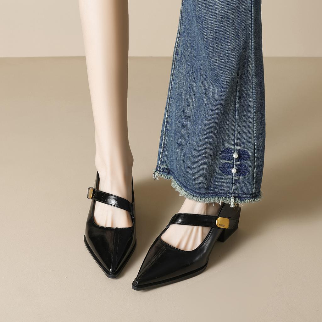 Pointed Single Shoes Women's Thick Heel with Shallow Mouth Mary Jane Shoes Temperament High Heels