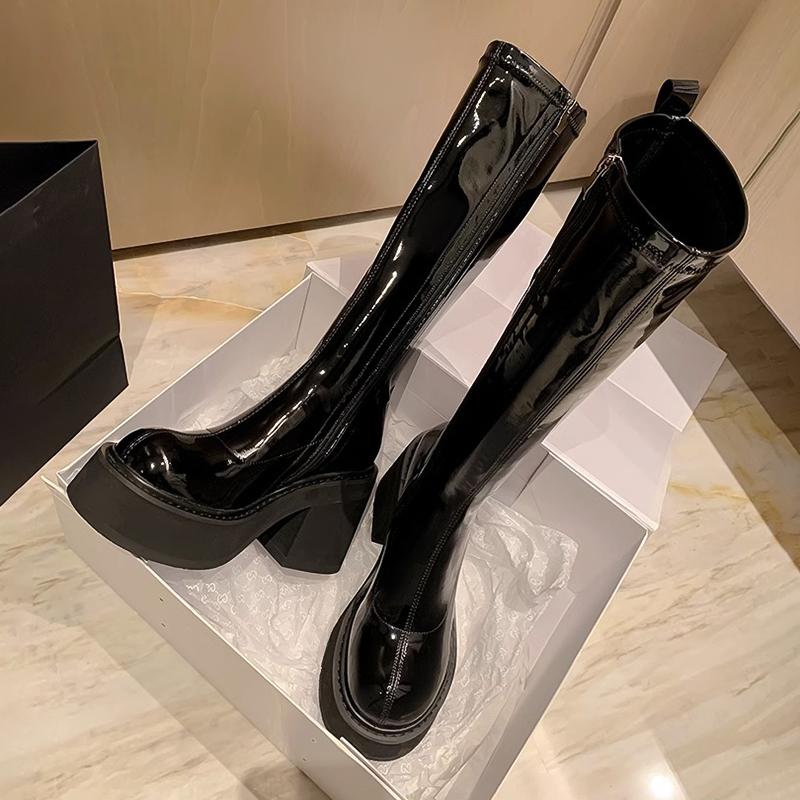 High Heel Women Knee High Boots Fashion Elegant Patent Leather Shoes Autumn Winter Punk Style Women's Morder Long Booties