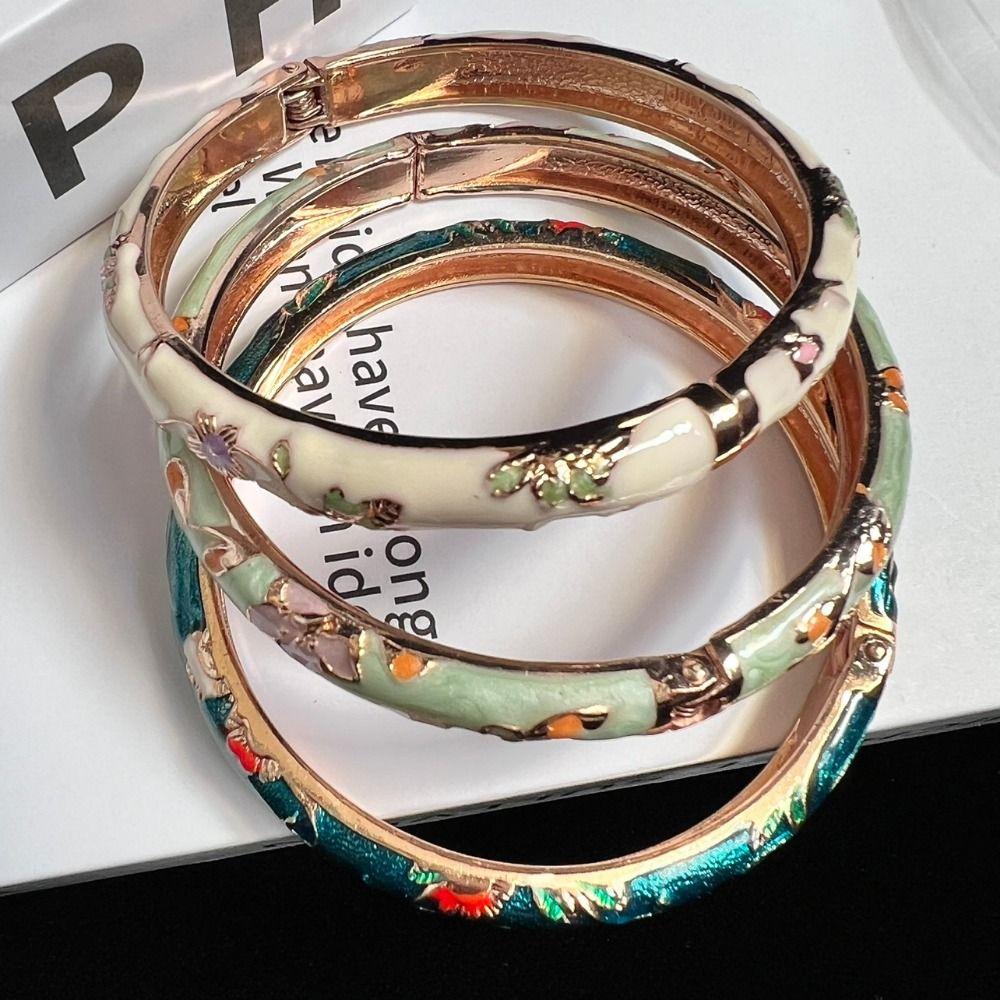 Enamel Peony Filigree Flower Bangle Traditional Women's Hand Bracelet Gifts for Women Girl