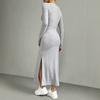 Spring Autumn Solid Long Sleeve O-neck Gray Maxi Dress Women Fashion Elegant Skinny Straight Side Slit Knitted Dresses Clothing