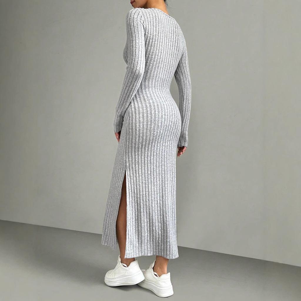 Spring Autumn Solid Long Sleeve O-neck Gray Maxi Dress Women Fashion Elegant Skinny Straight Side Slit Knitted Dresses Clothing