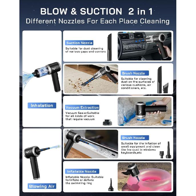 Helloleiboo Handheld Car Vacuum Cleaner 16000PA Car Vacuum Portable Cordless 120W High Power 4-In-1 Mini Vacuum Cleaner Rechargeable & Air Duster
