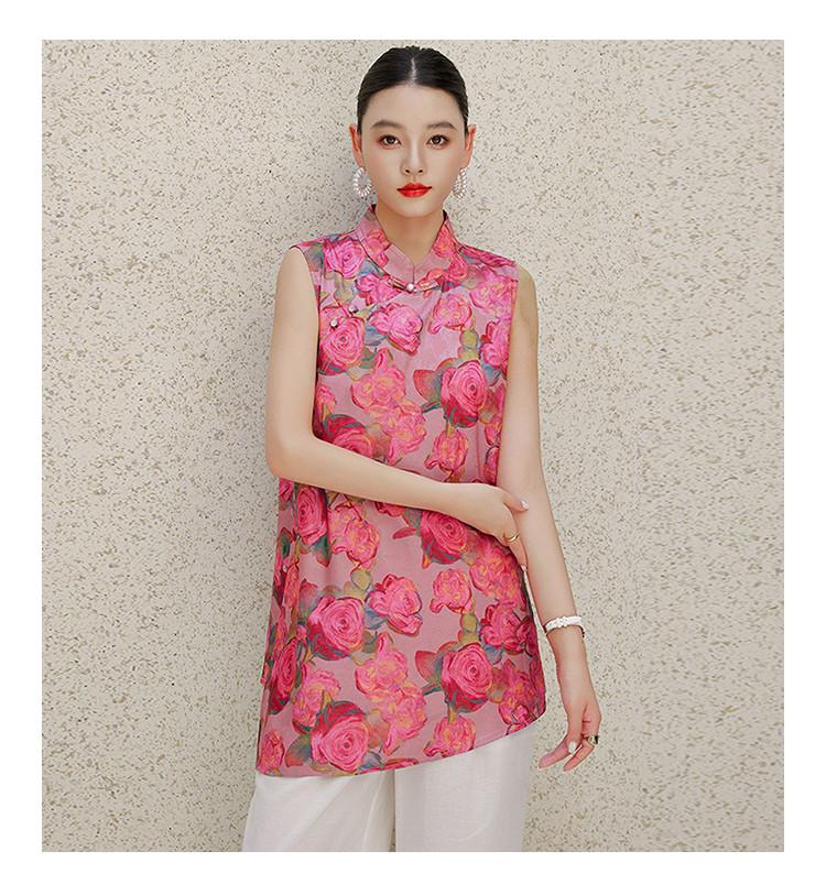 2025 Summer Edition Satin Printed Sleeveless Thin Top with Chinese Style Fashion Stand up Collar and Slant Collar Button Shirt