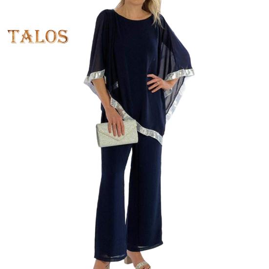 Женский комплект из 2 предметов: топ и брюки, рукава «летучая мышь», неровный подол с пайетками, блузка с круглым вырезом, однотонные широкие брюки, повседневный свободный наряд