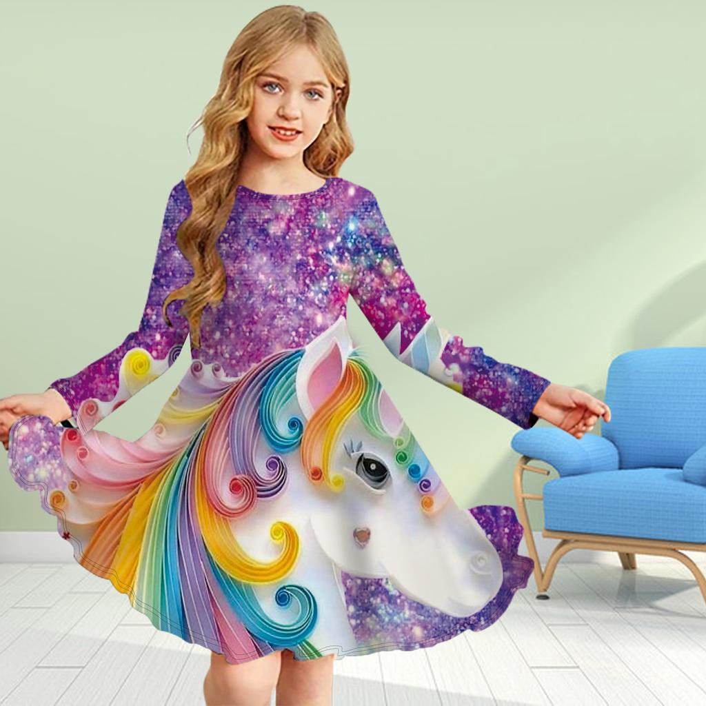 Повседневное платье для девочек с 3D-принтом и цветным единорогом, круглым вырезом и длинными рукавами, детское платье принцессы