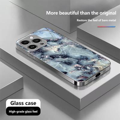 Чехол N177 с рисунком в виде пейзажа и мраморным узором для iPhone 16 Pro Max Samsung S24 S23 A54 A35 Redmi Note13 12 Pro, закаленное стекло с рамкой и покрытием