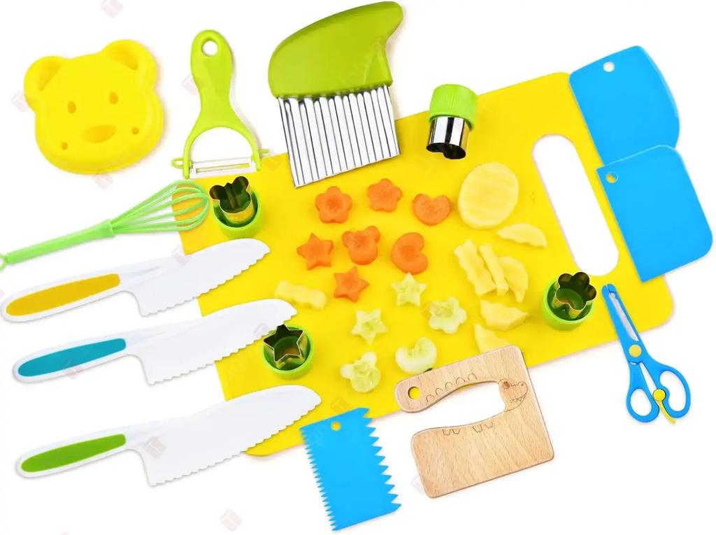 17 Pieces Kids Cooking Set Real Montessori Kitchen Tools Toddler Safe Serrated Edges with Plastic Knife Cutting Board Scissors