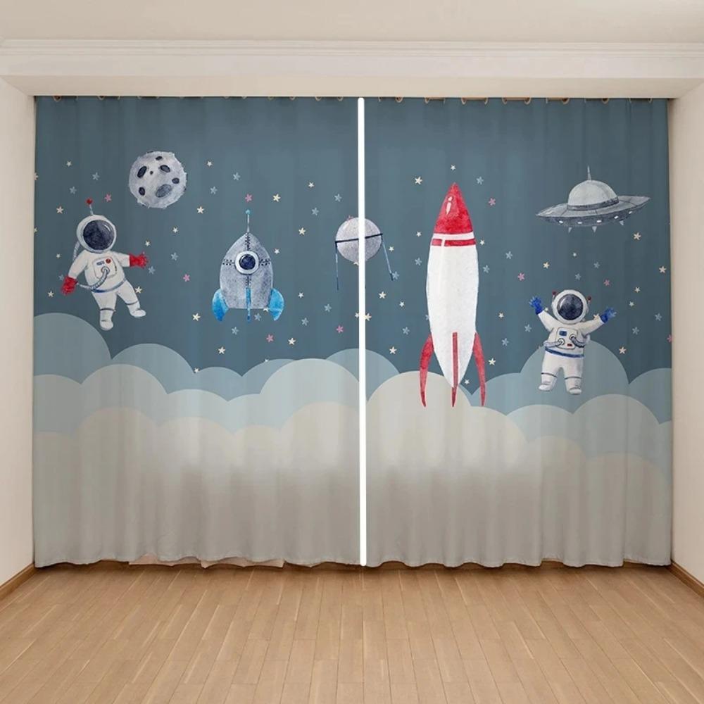 Мультяшные Милые Космические Астронавты Планеты Шторы Детская Спальня для Мальчиков Девочек Окно 2 Панели Высокое Затемнение Новый Модный Узор