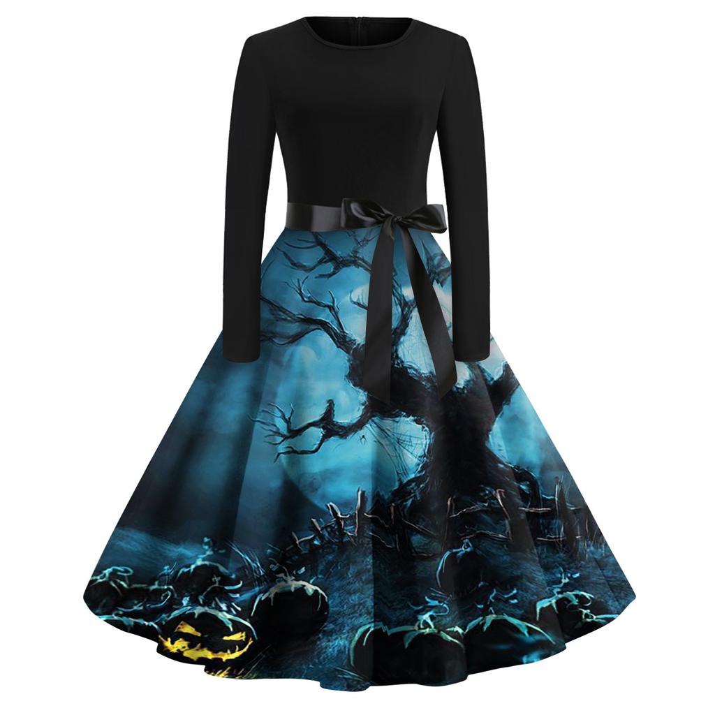 Halloween Print Flare Dress For Women Long Sleeve Dress Hollow Party Casual Dresses