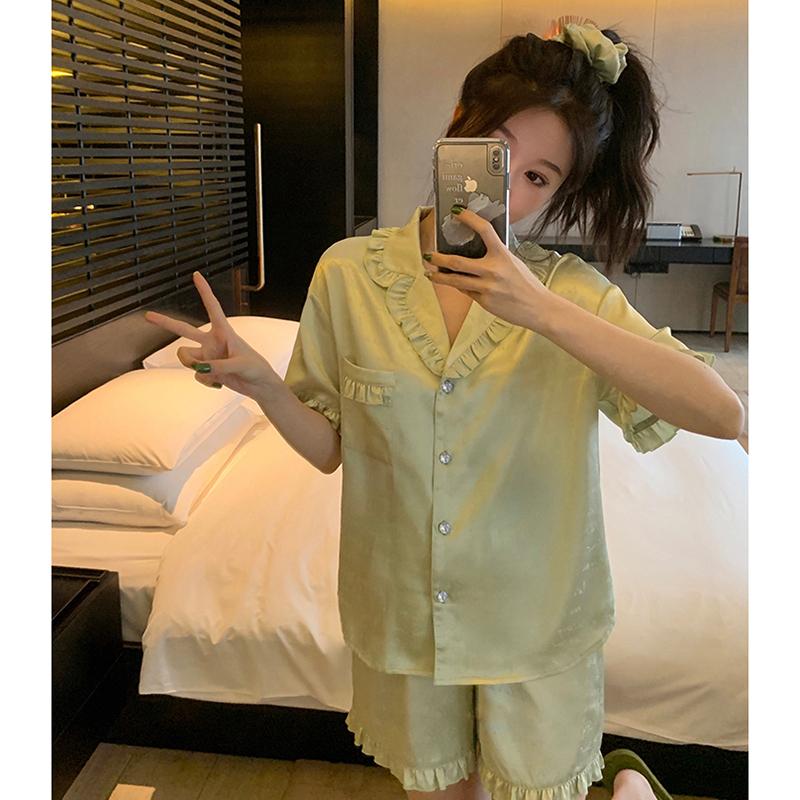 Летняя новинка, женская милая атласная шелковая пижама с цветочным принтом, короткий рукав + брюки, женская шелковая милая домашняя одежда, повседневная одежда