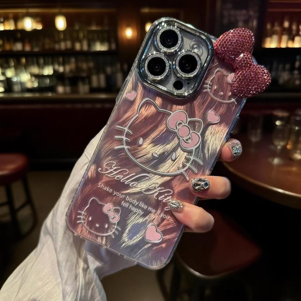 Градиентный Мультяшный Чехол Hello Kitty с 3D Ушками-Бантиками для Apple 17 Pro Max/15 Pro/13/XS/16E