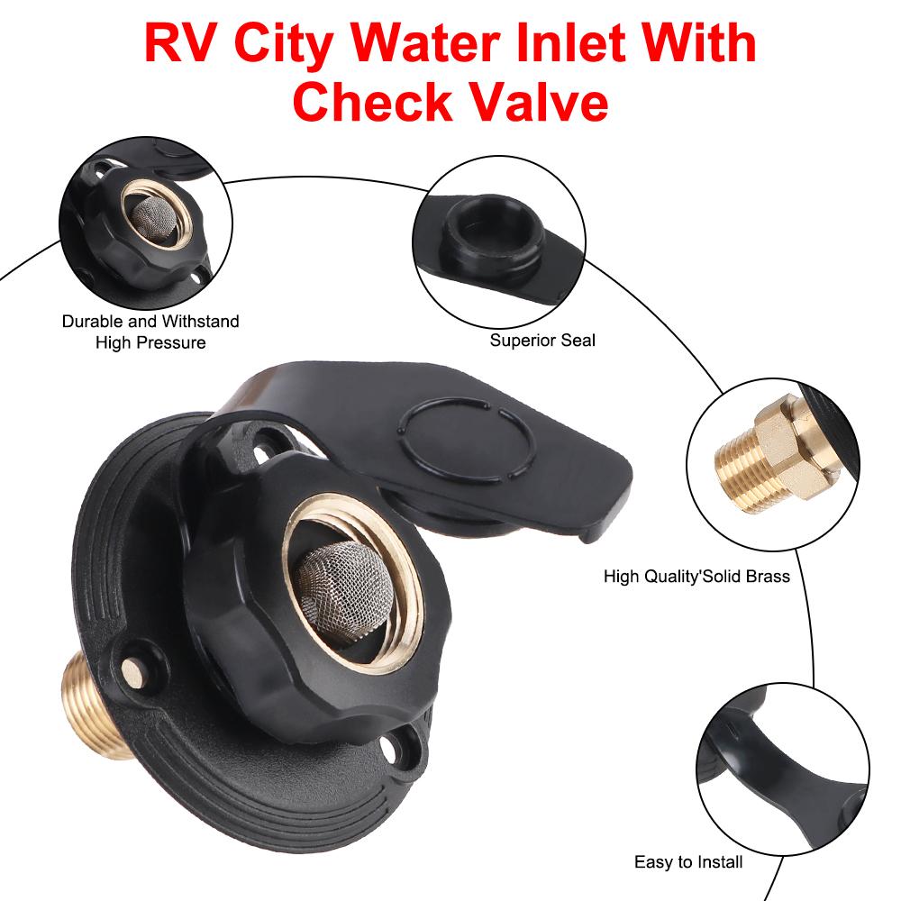 For Camper RV Water Inlet Replacement RV City Water Inlet RV White City Water Fill Inlet Flange with Check Valve Brass