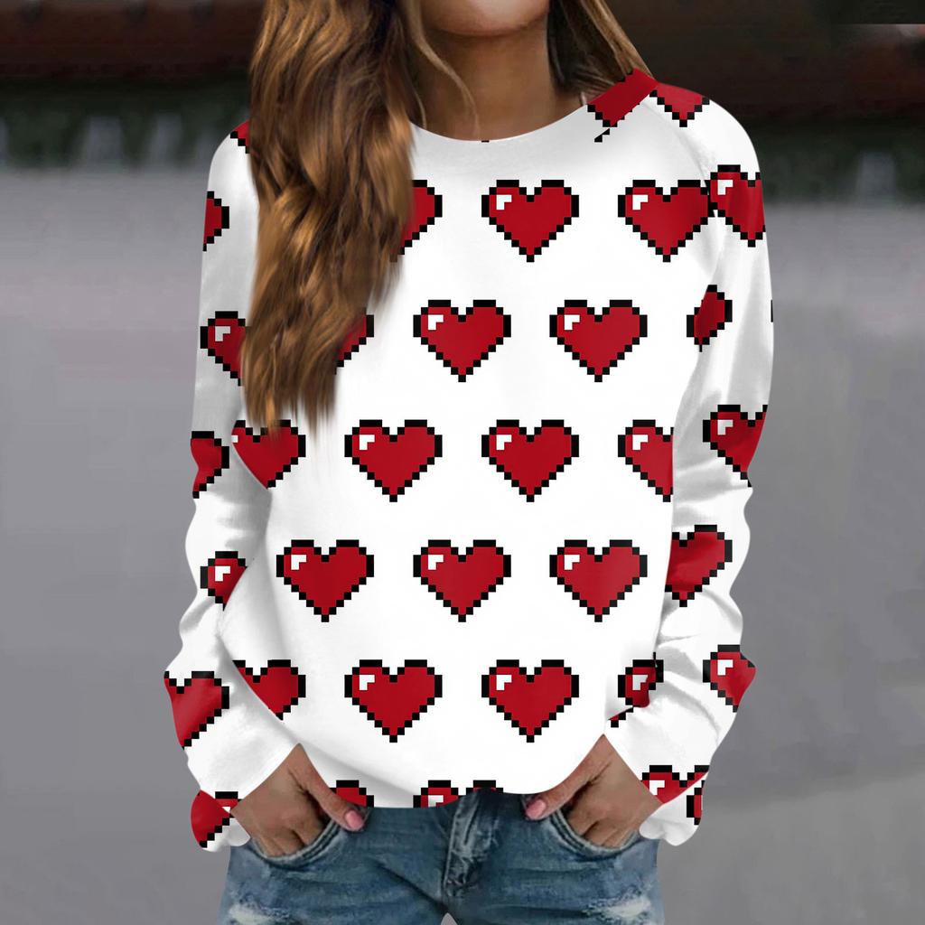 Женская модная повседневная толстовка с длинным рукавом и принтом на День святого Валентина и круглым вырезом