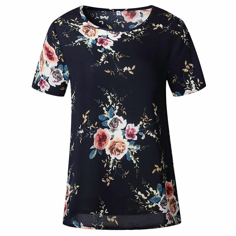 Elegant Summer Women Blouse Floral Print Short Sleeve Loose Casual T-shirt Tops