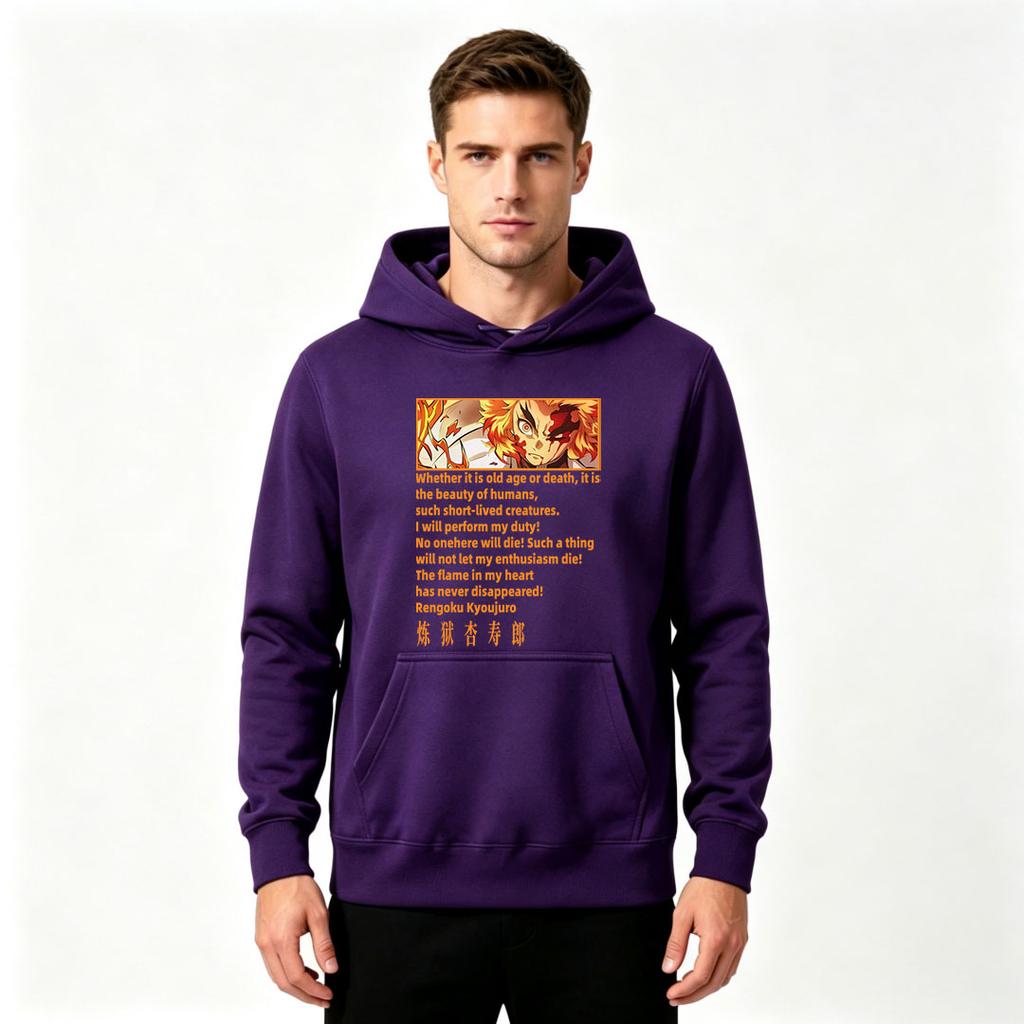 Men's Rengoku Kyoujuro Anime Print Pullover Hoodie Casual Long Sleeve Sweatshirt
