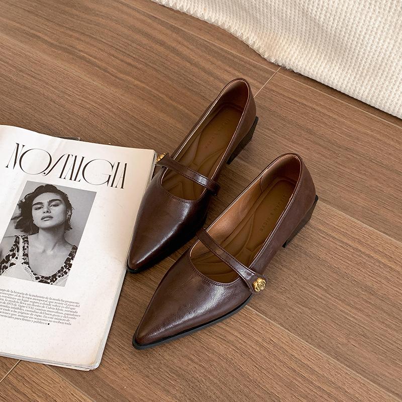 Модные ретро-туфли с заостренным носком и толстым каблуком, женские, весна-осень 2025 года, французские туфли Мэри Джейн, маленькие кожаные туфли