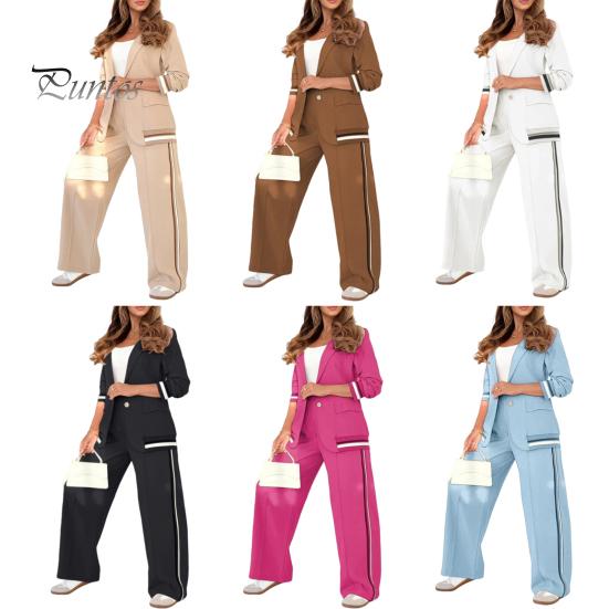 Женский костюм из 2 предметов: пальто, брюки, отложной воротник, длинные рукава, эластичный подол, куртка, широкие брюки с высокой талией, офисный наряд для поездок на работу