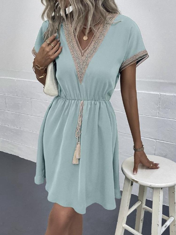 Women's Dresses Summer Fashion Lace Lace Stitching V Neck Loose Lace Up Bohemian Vacation Woman Basic Short Sleeved
