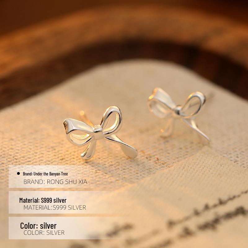 Banyan Tree S999 Silver Bowknot Earrings for Women – Comfortable for Sleeping, Perfect for Students & Girly Style.