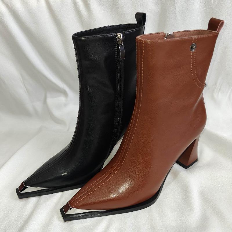 Fashion Winter New Thick Heel Cotton Boots Women's Metal Pointed Head Side Zipper Rivet Anti-slip Wear-resistant Short Boots