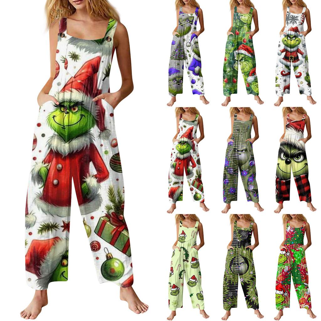 Women's Fashion Christmas Print Casual Retro Sleeveless Button Jumpsuit