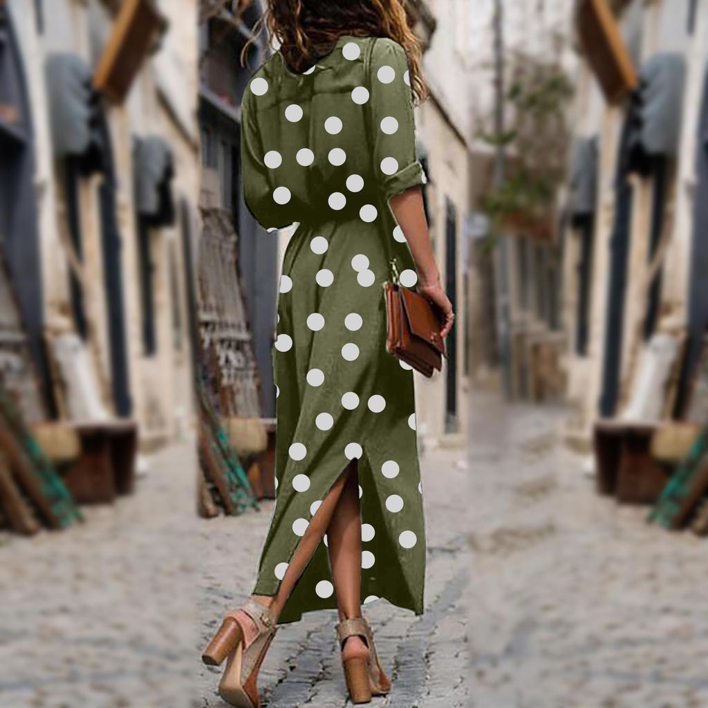 Women's Fashion Casual Polka Dot Print Lapel Long Sleeves Single-breasted Stitching Loose Waist Hem Split Chiffon Dress