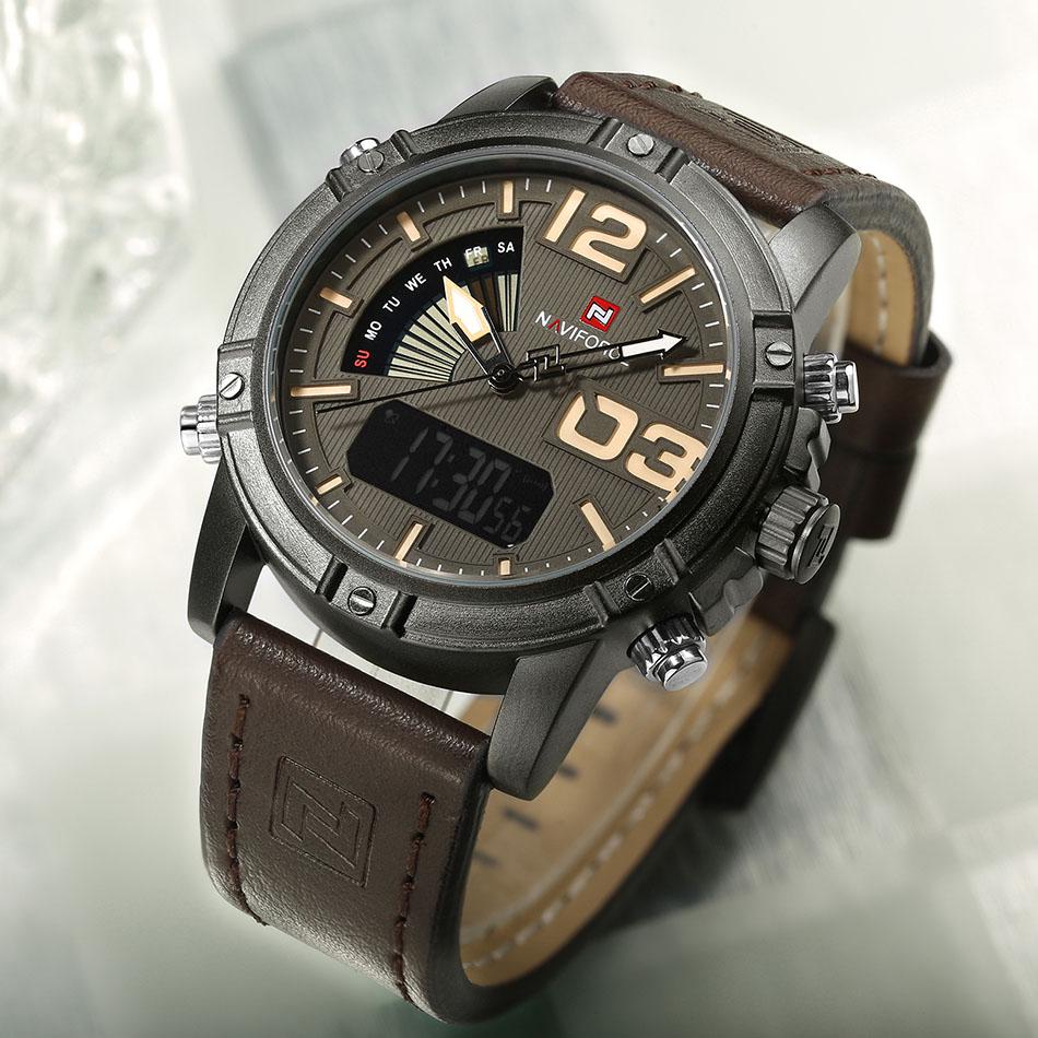 Naviforce Мужские повседневные коричневые кожаные спортивные часы, модные цифровые кварцевые наручные часы с двойным дисплеем