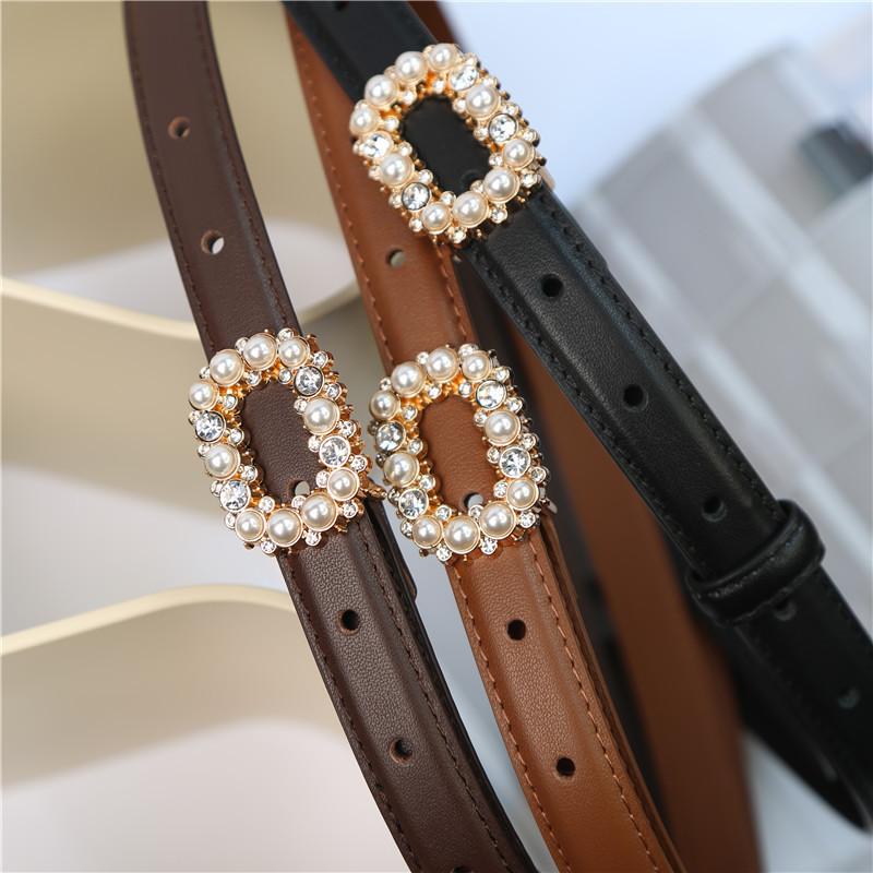 Mei Mary Top grain leather belt with pearl and rhinestone buckle - women's belt waist cincher