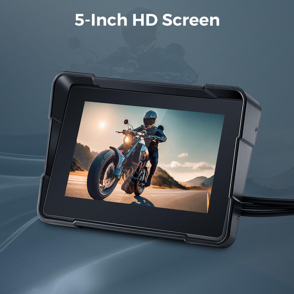 GEARELEC Portable Motorcycle Stereo DVR Wireless CarPlay Android Auto 5 Inch Screen Dual Bluetooth IP67 Waterproof Front Rear 1080P Camera