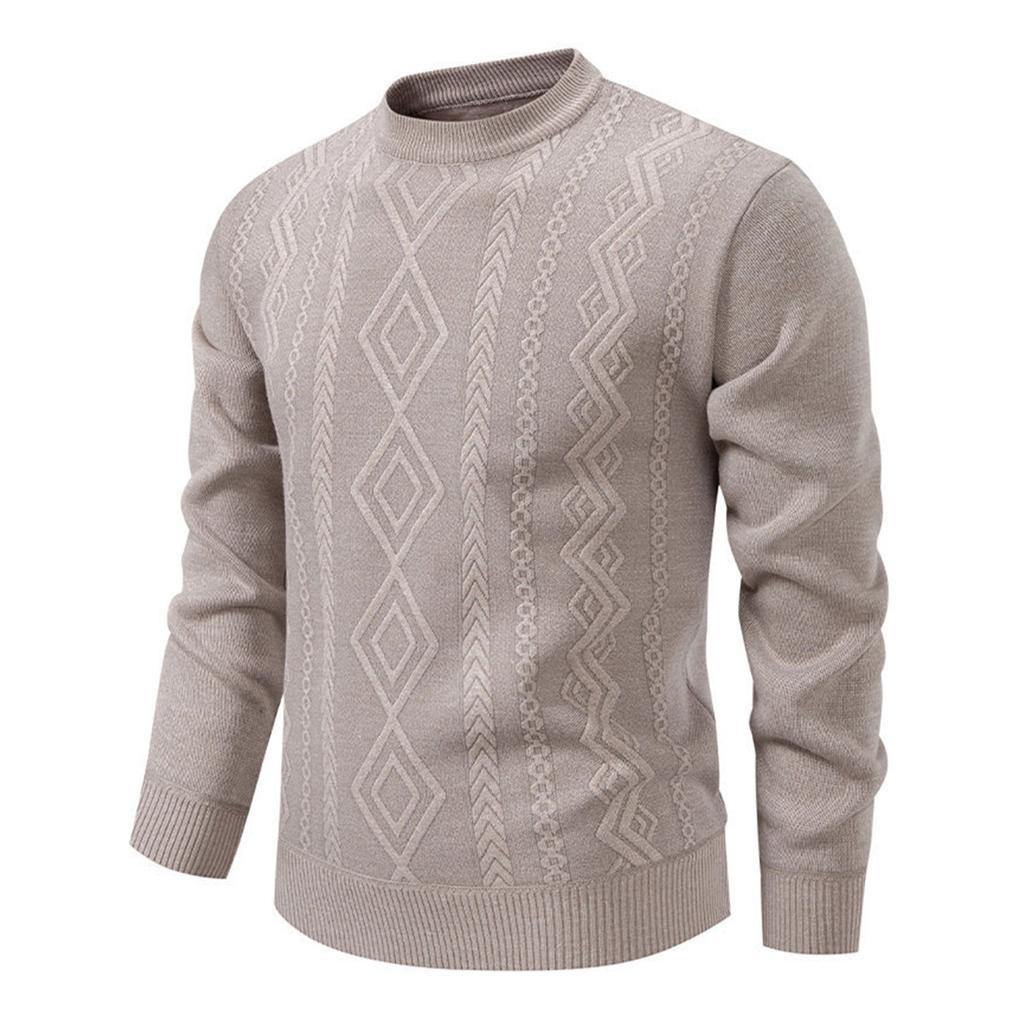Men's Solid Color Textured Sweater Plus Velvet Thickened Casual Round Neck Warm Knitted Pullover