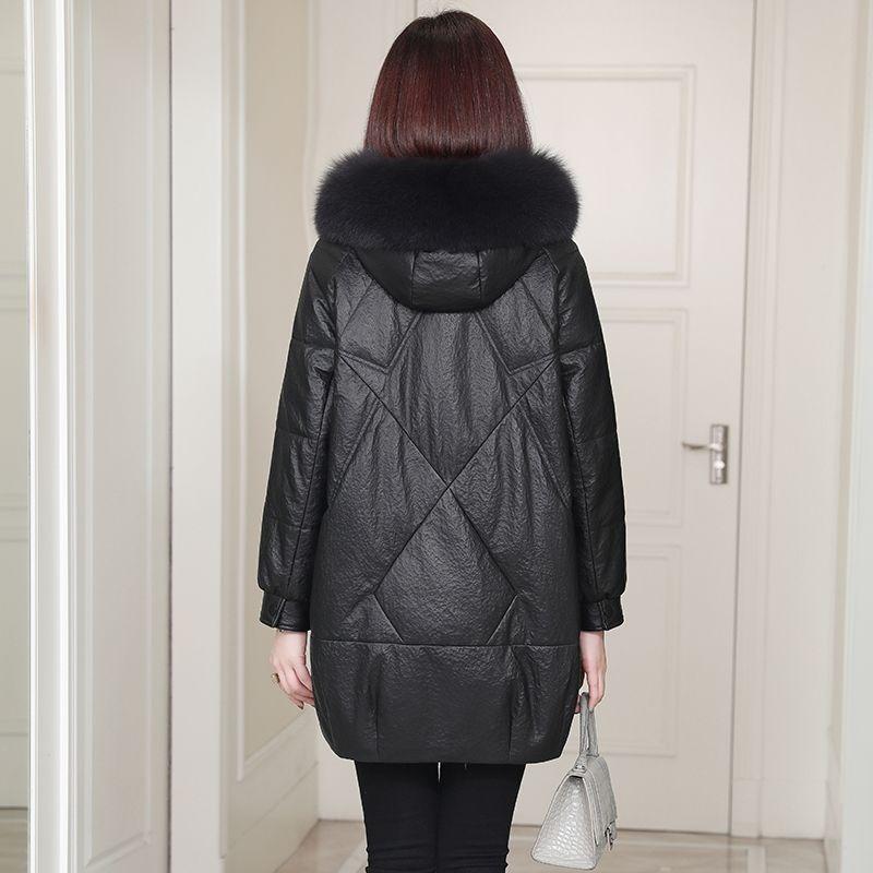Пу кожа пух хлопок одежда женская зимняя новая с капюшоном повседневная версия с каменным узором имитация овчины куртка средней и длинной длины