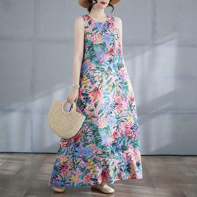 Женская длинная юбка летнее платье с круглым вырезом и принтом