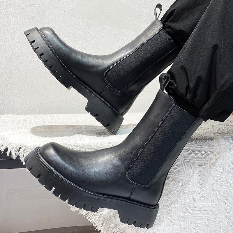 Мужские челси из черной кожи в британском стиле - Высокие, на толстой подошве, из мягкой кожи, универсальные для мотоциклетной, рабочей одежды в стиле Мартин.