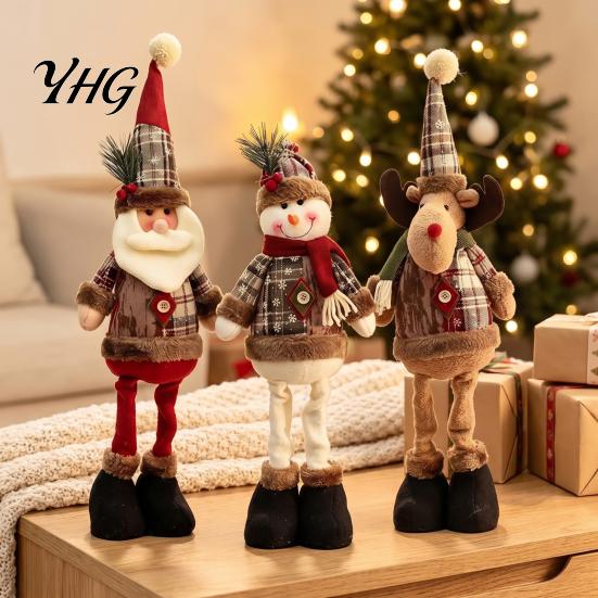 Festive Atmosphere Decoration Christmas Retractable Leg Plush Doll, Santa Snowman Elk Figures with Retro Style Xmas Room Decorations Adjustable
