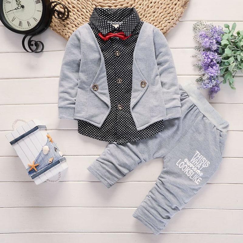 Autumn New British Style Children Fake Two-piece Shirt Trousers Casual Cotton Suit