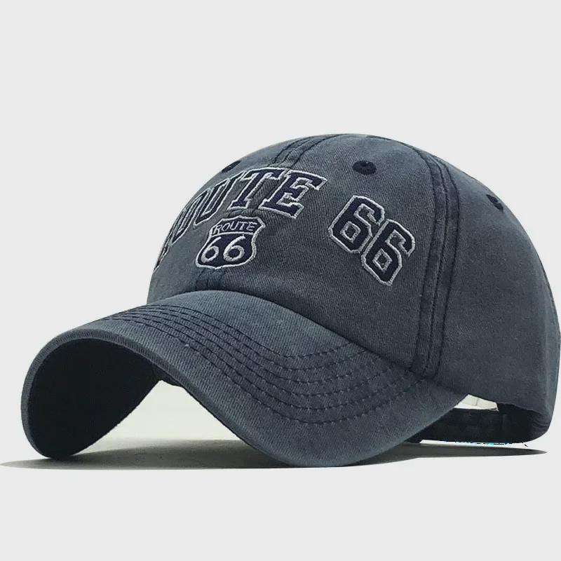 Summer Pure Cotton Old Washed Baseball Cap with Route 66 Embroidery - European and American Style Sun Hat