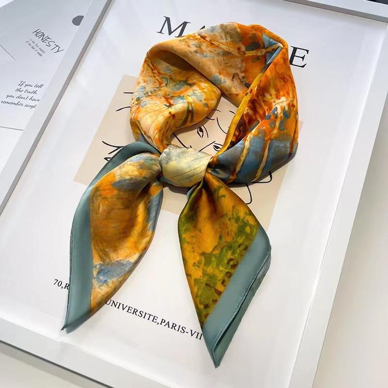 Beach Sunscreen Kerchief Luxury Design Square Scarves Women Popular 70X70CM Silk Hijab The Four Seasons Headscarf