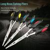 Extra Long Stainless Steel Fishing Pliers with Flat Nose, Line Cutter, and Fish Control Functions.