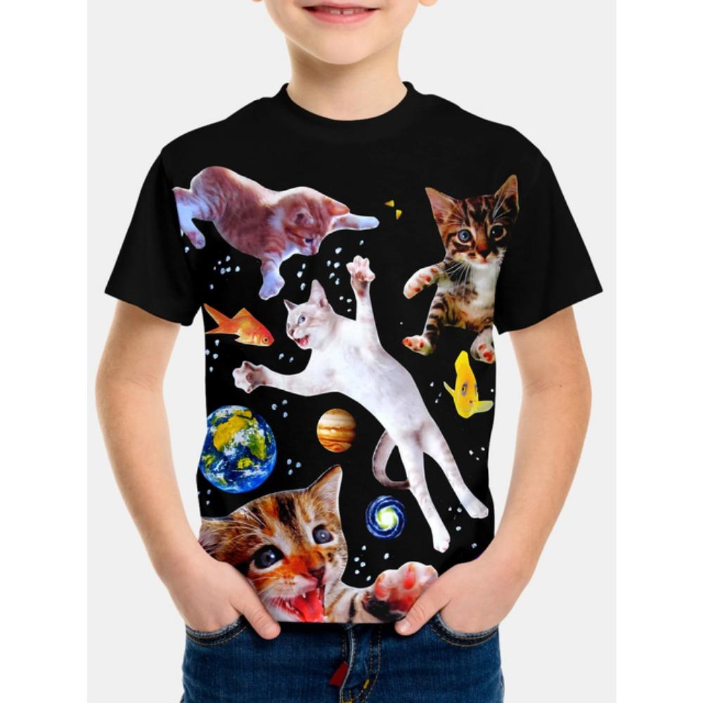 Детская одежда Футболка для девочек и мальчиков с коротким рукавом Детская летняя одежда с 3D-принтом кота из мультфильма Повседневная детская одежда