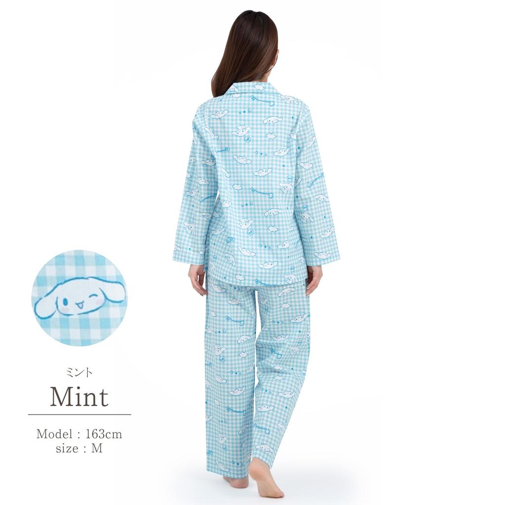 SAZAC Cinnamoroll Shirt Cotton Long Sleeve and Pants Gingham Cinnamoroll Pajamas, 100% Broadcloth, Women's Set, Loungewear, (Mint/M/SAN1780)