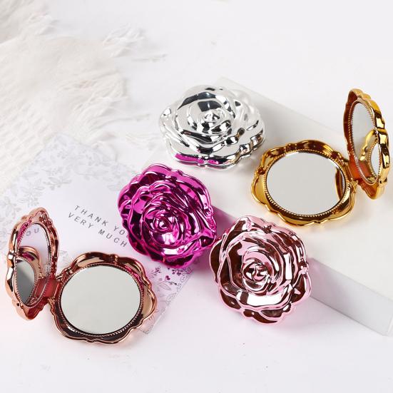 Electroplating Rose Double-sided Mirror Portable Travel Mini Foldable Makeup Mirror Women Girls Vintage Pocket-sized Handheld Vanity Mirror