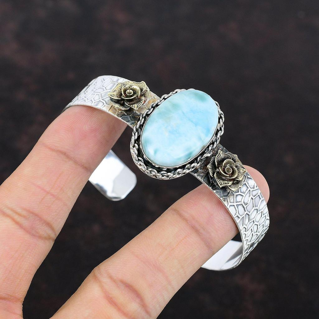 Браслет-манжета Larimar, браслет из стерлингового серебра 925 пробы, ювелирные изделия из настоящих драгоценных камней, позолота 18 карат, регулируемый браслет ручной работы, подарок для него, целебный камень