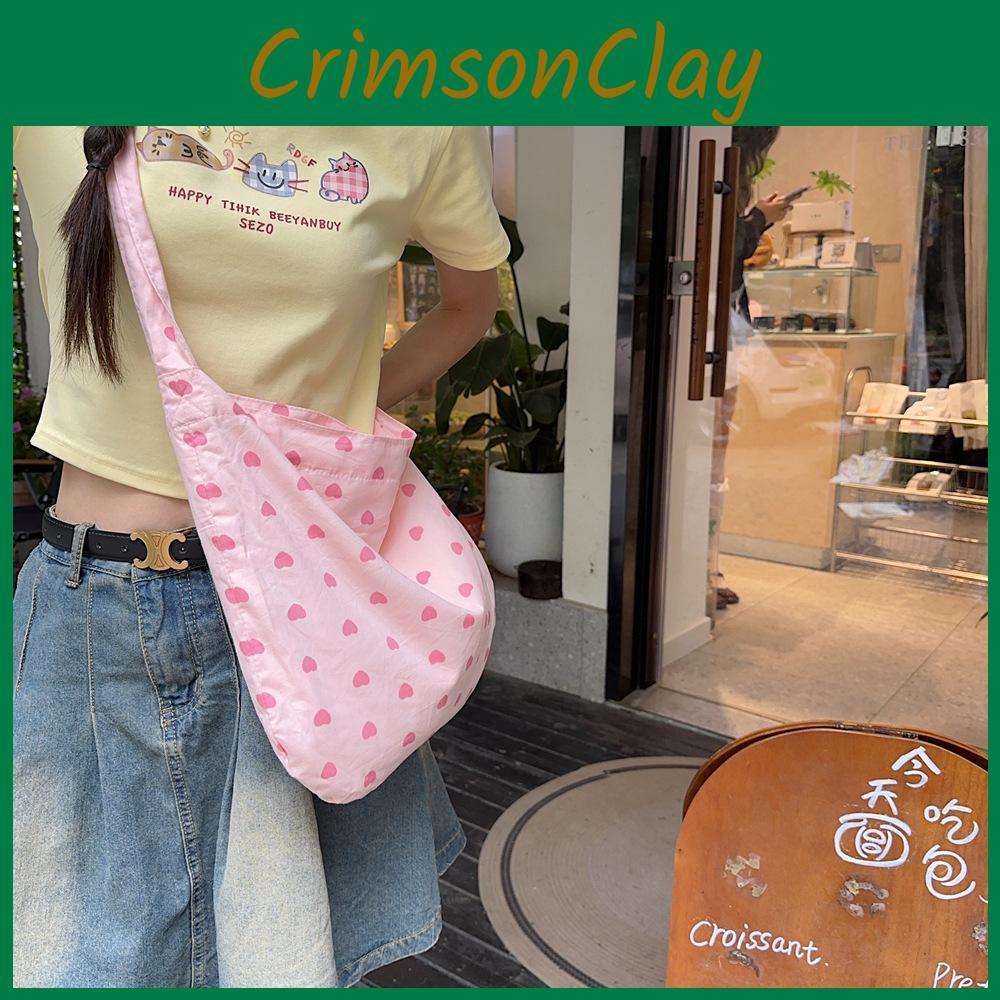 Chic Double Layered Canvas Crossbody Bag With Heart Design For Fashionable Girls
