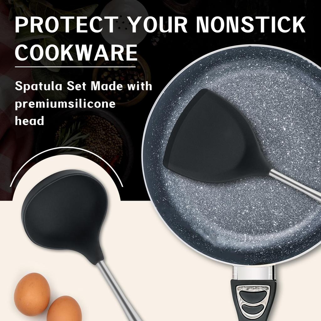 FJNATINH Ladle 304 Stainless Steel Wok Spatula Wok Utensils Set of Walnut Silica Gel Head 4,