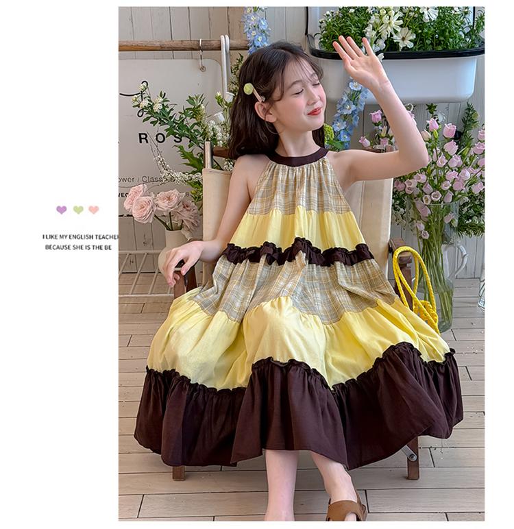 Girls' sleeveless patchwork dress, big children's summer dress, stylish contrasting cake skirt, little girls' princess style long skirt
