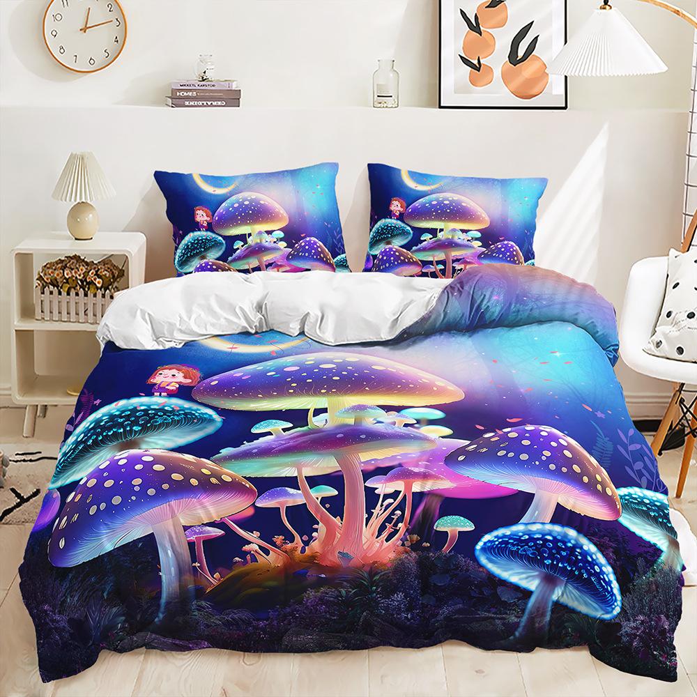 3D Magic Mushroom Series Bedding Set Forest Plant Duvet Cover Pillow Case 2/3 Pieces AU180 * 210 Full Size Quick Drying Zipper Soft Home Textile